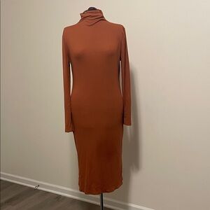 Long Sleeve Turtleneck Midi Rib Knit Dress Rust Orange
